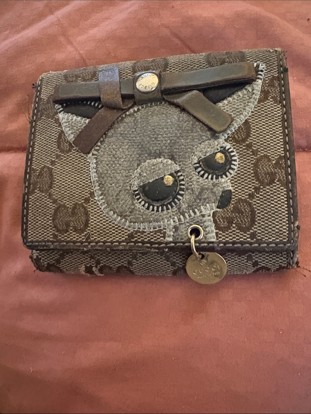 Brown Gucci Designer Monogram Fold Wallet with Owl Applique